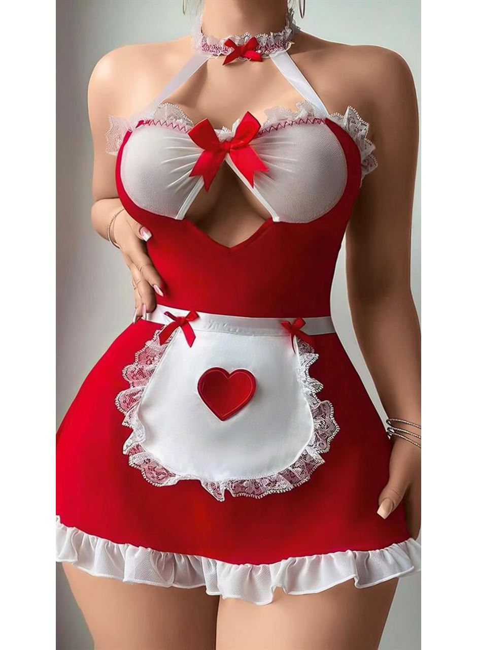 Kırmızı Beyaz Dantel İşlemeli Kalp Detaylı Fantezi Fransız Hizmetçi Kostümü