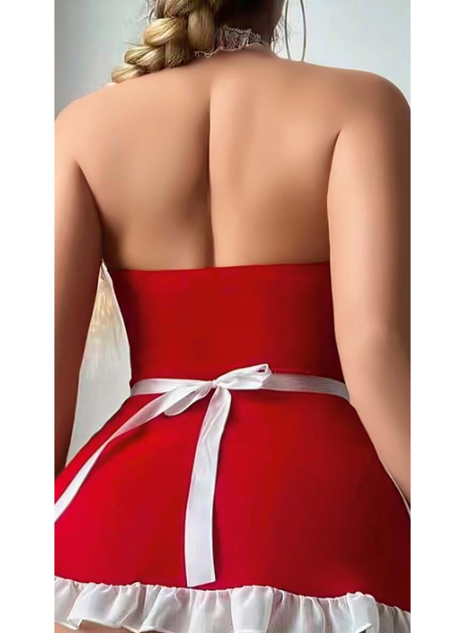 Kırmızı Beyaz Dantel İşlemeli Kalp Detaylı Fantezi Fransız Hizmetçi Kostümü