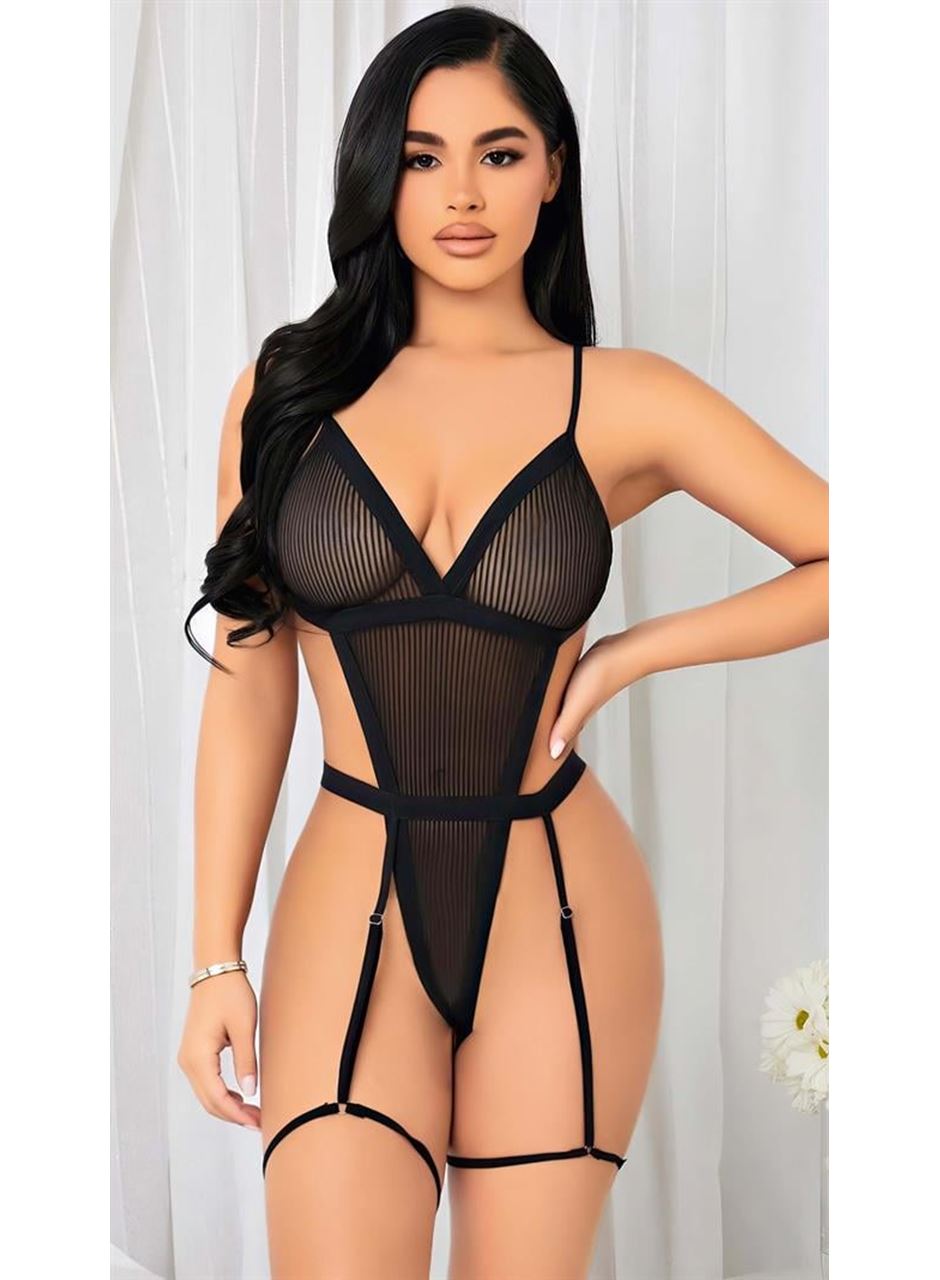Siyah İp Detaylı Tül Fantezi Body