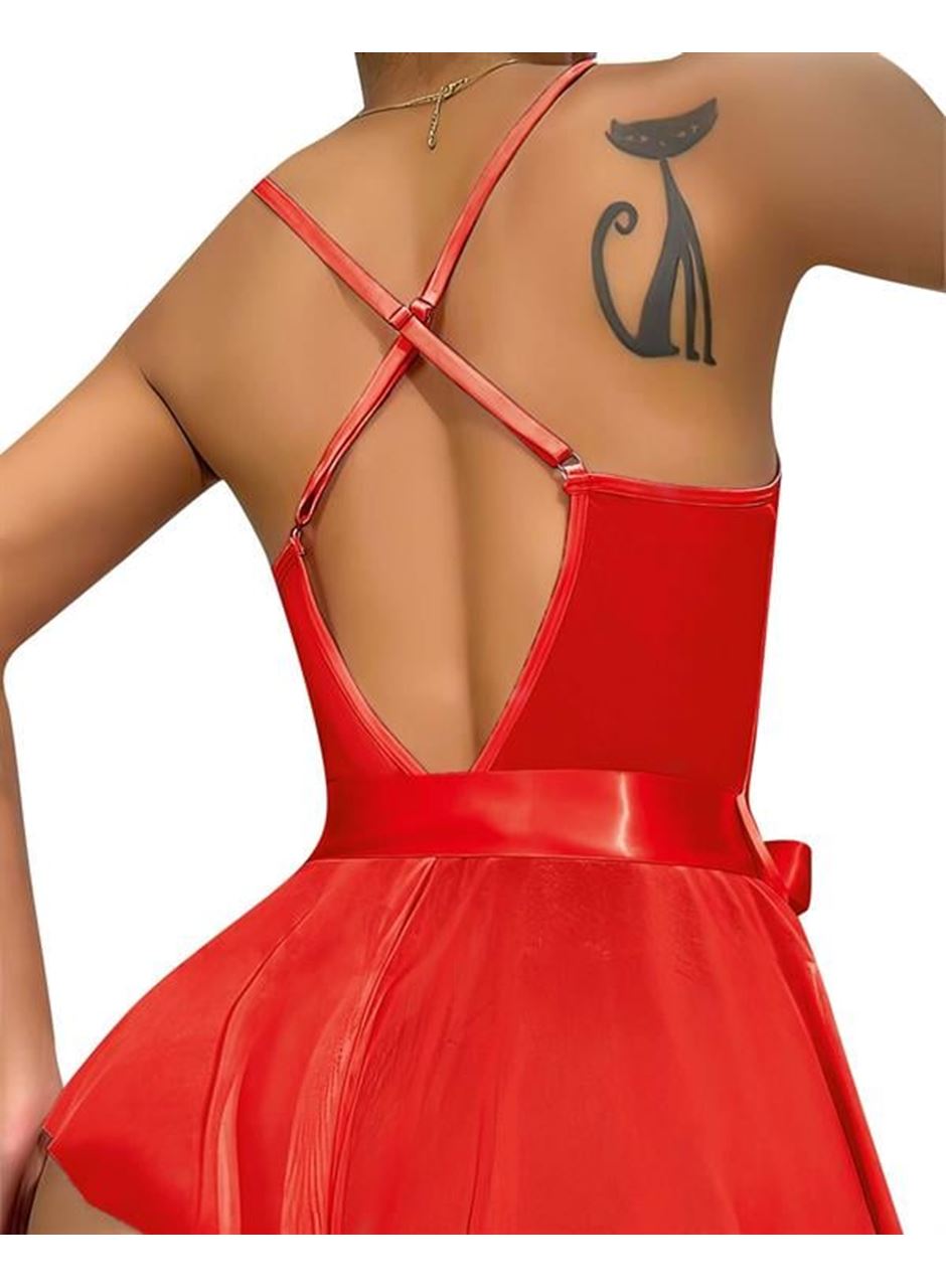 Kırmızı Dantel İşlemeli Kurdelalı Fantezi Tül Babydoll