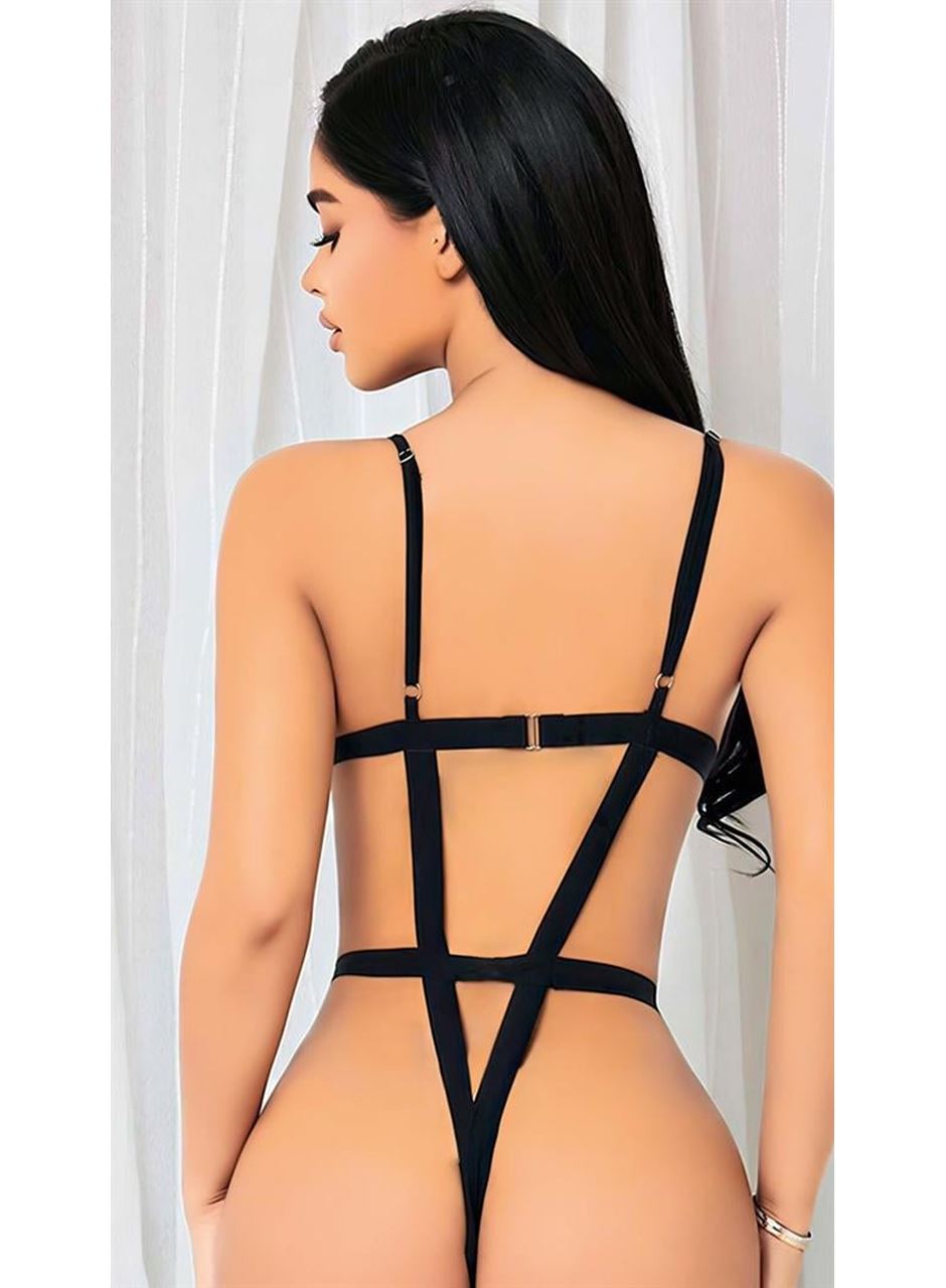 Siyah İp Detaylı Tül Fantezi Body