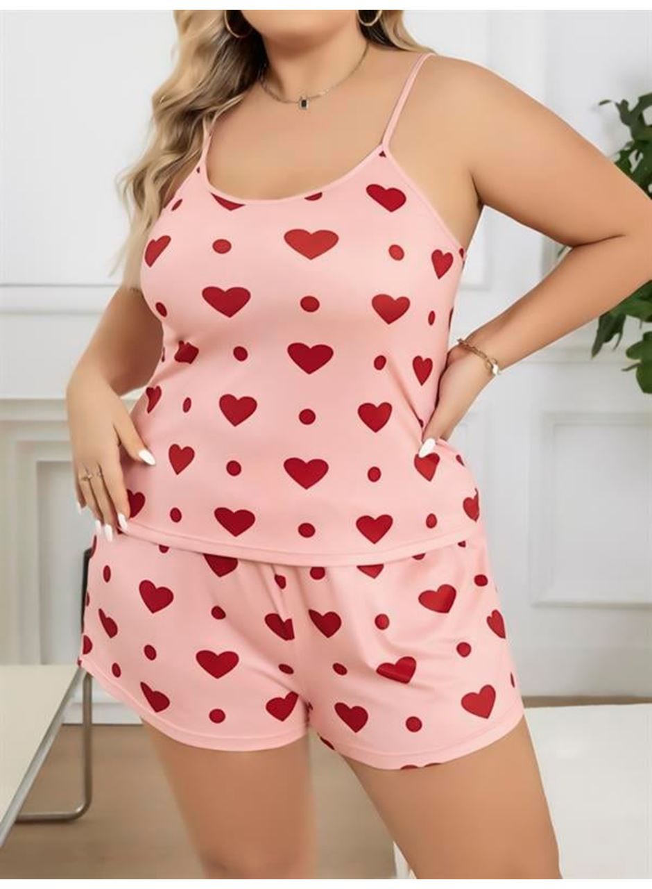 Büyük Beden Pembe Kalp Desen Pamuklu Şortlu Pijama Takımı