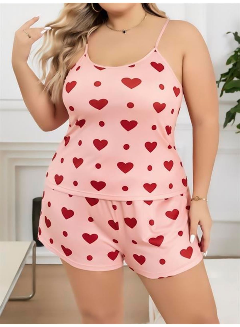 Büyük Beden Pembe Kalp Desen Pamuklu Şortlu Pijama Takımı