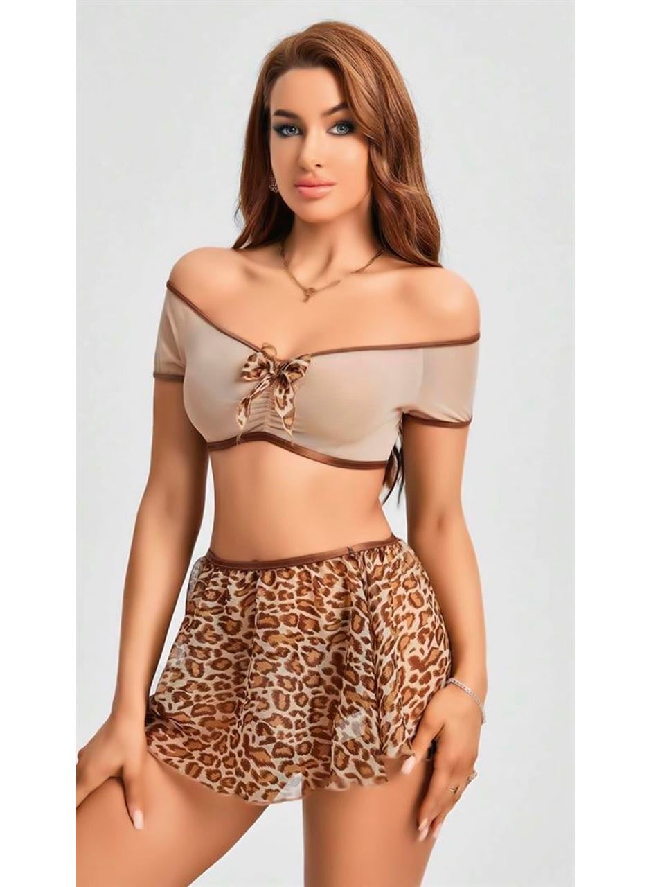 Kalın Askılı Sütyen Leopar Desen Etekli Fantezi Gecelik