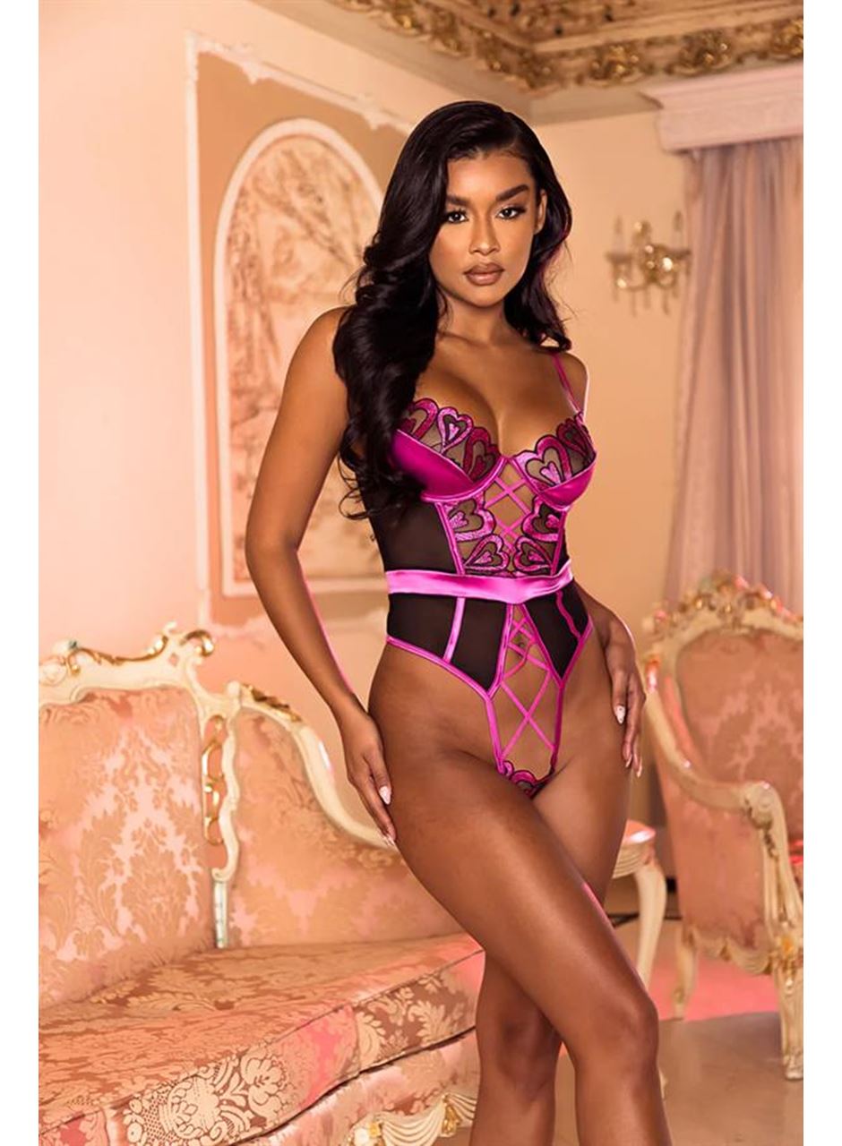 Fuşya Dantel İşlemeli Kalp Desenli Fantezi Gecelik Body Takımı