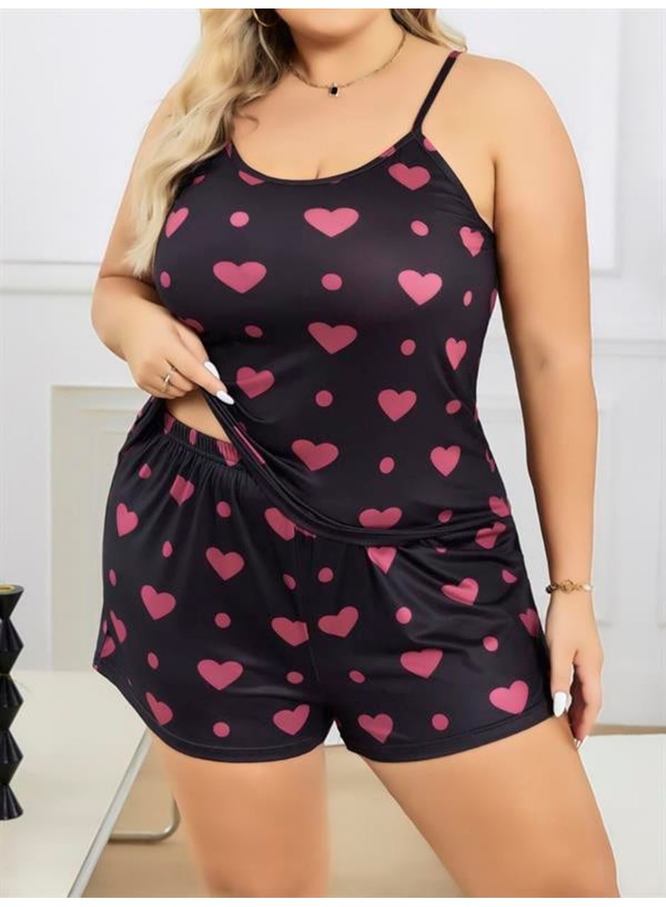 Büyük Beden Siyah Kalp Desen İnce Askılı Pamuklu Şortlu Pijama Takımı