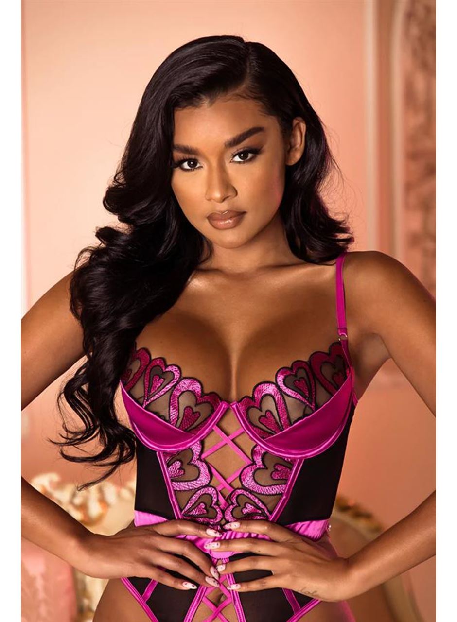 Fuşya Dantel İşlemeli Kalp Desenli Fantezi Gecelik Body Takımı