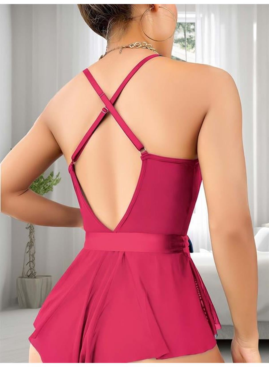 Fuşya Dantel İşlemeli Kurdelalı Fantezi Tül Babydoll