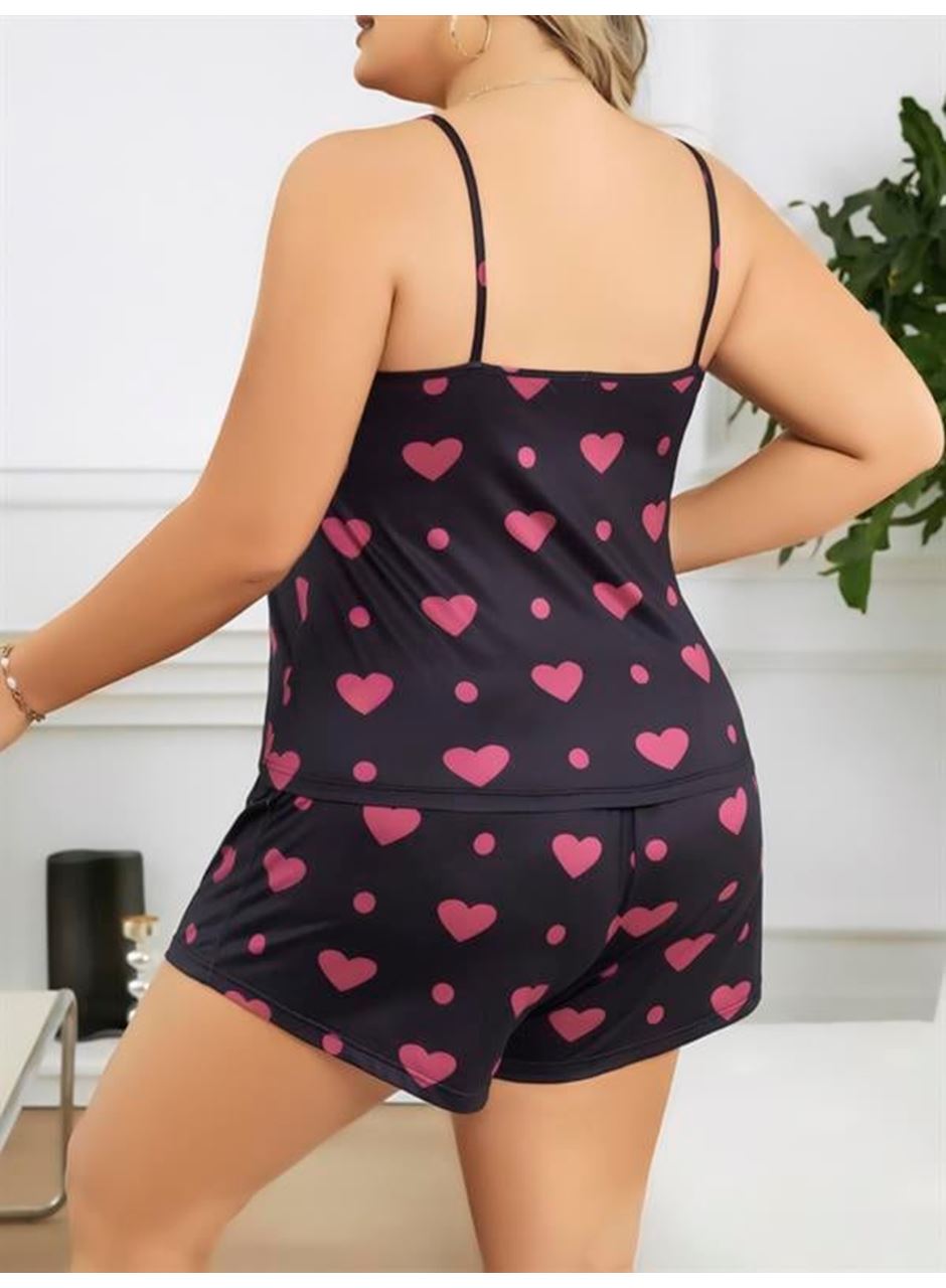 Büyük Beden Siyah Kalp Desen İnce Askılı Pamuklu Şortlu Pijama Takımı