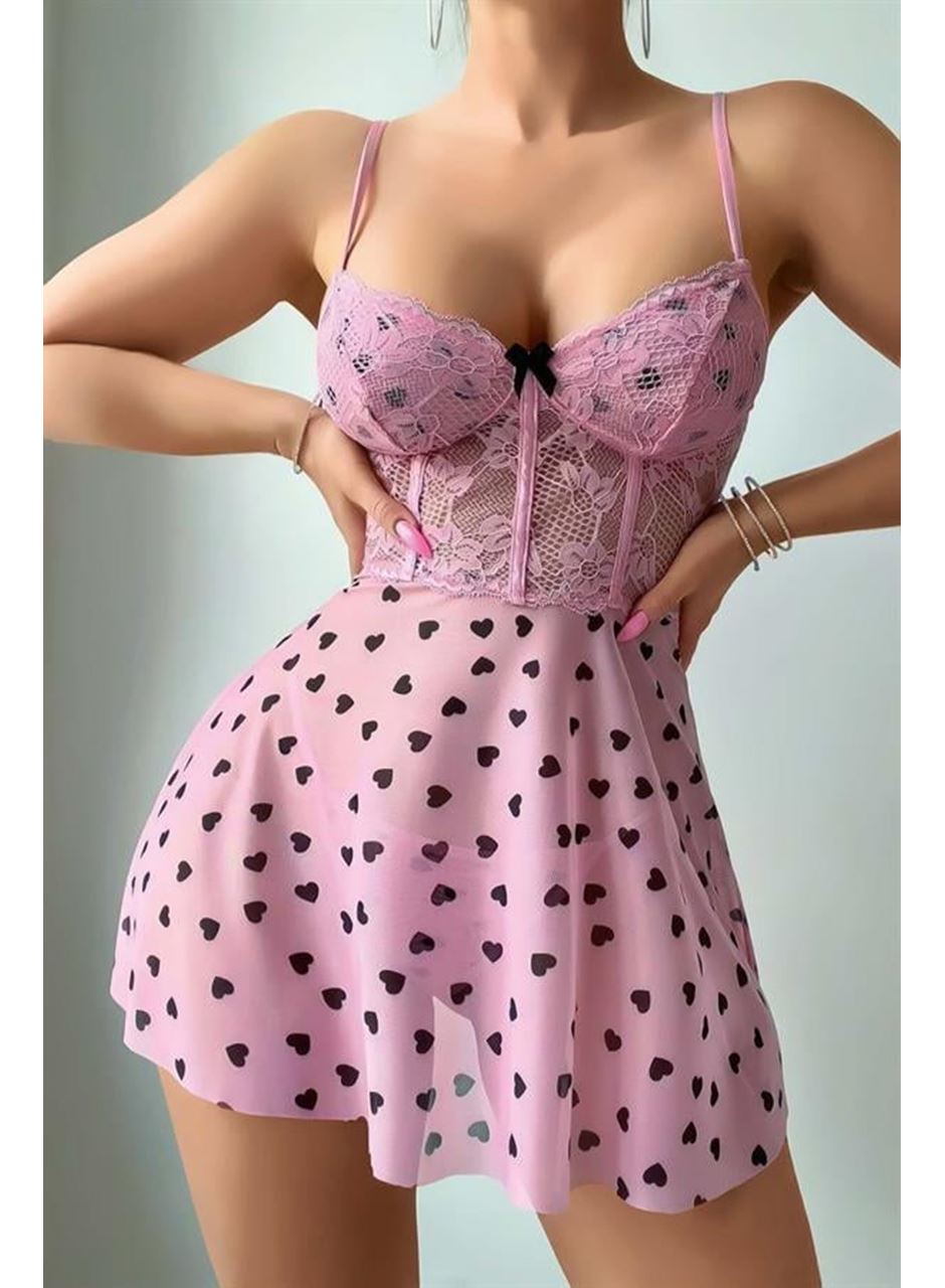 Pembe Kalp Desenli Dantel İşlemeli Fantezi Gecelik