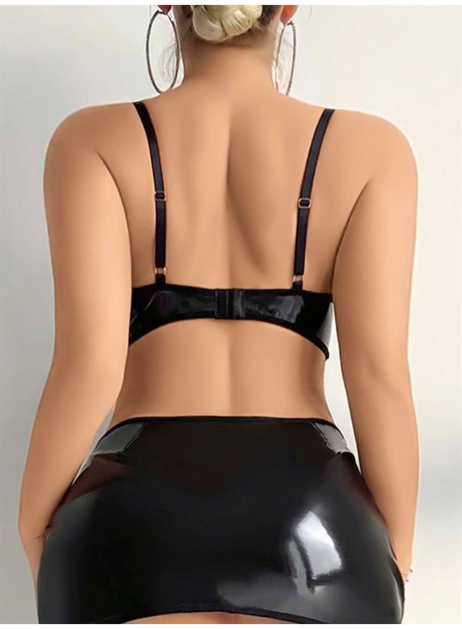 Siyah İp Dekolteli Mini Etekli Fantezi Parlak Deri Kostüm