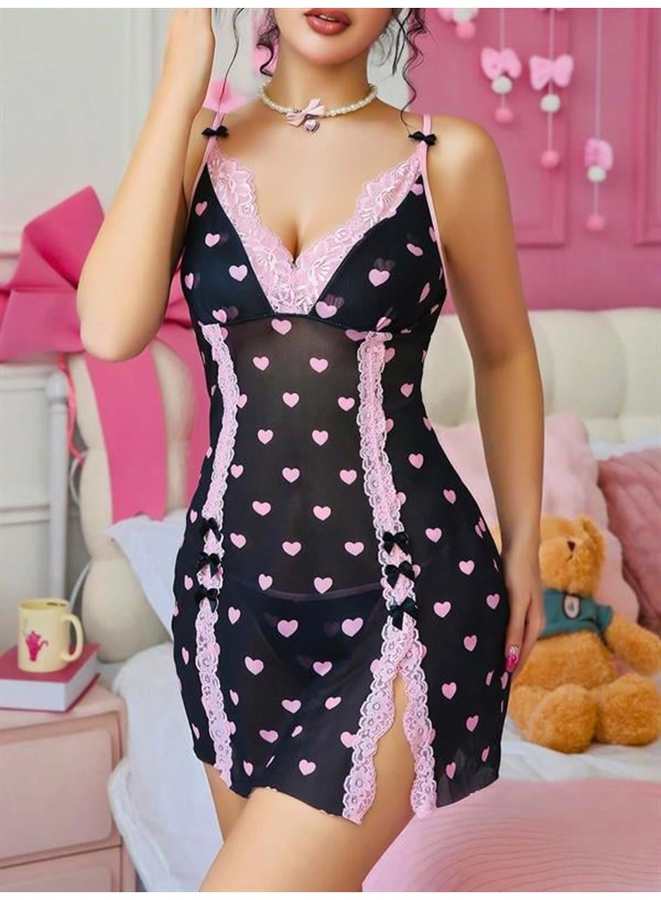 Siyah Kalp Desenli Dantel İşlemeli Fantezi Gecelik