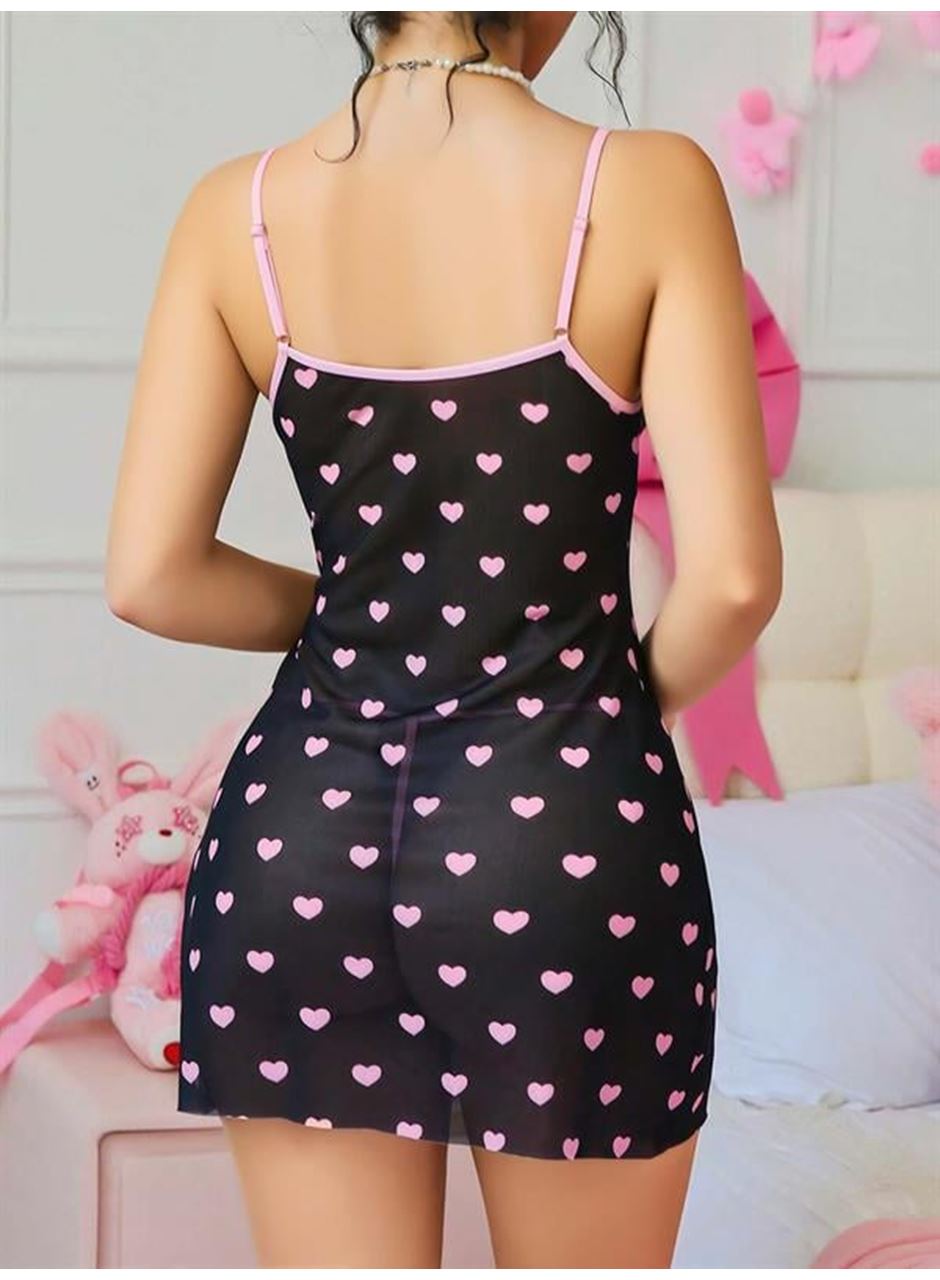 Siyah Kalp Desenli Dantel İşlemeli Fantezi Gecelik