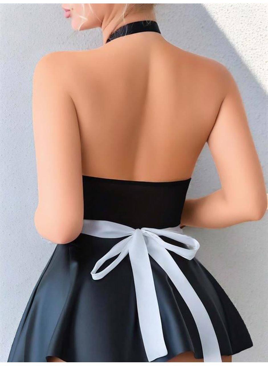 Siyah Göğüs Dekolteli Boyundan Bağlamalı Mini Etekli Fantezi Deri Hizmetçi Kostümü