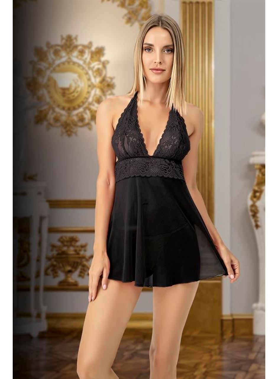 Siyah Dantel İşlemeli Boyundan Bağlamalı Fantezi Tül Gecelik Takımı