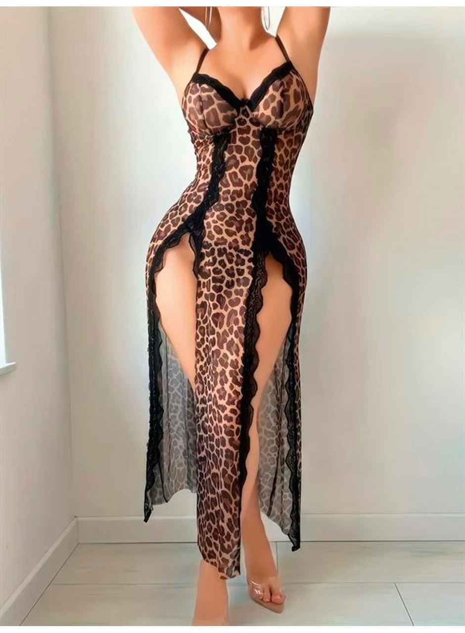 Leopar Desenli Yırtmaçlı Fantezi Uzun Gecelik