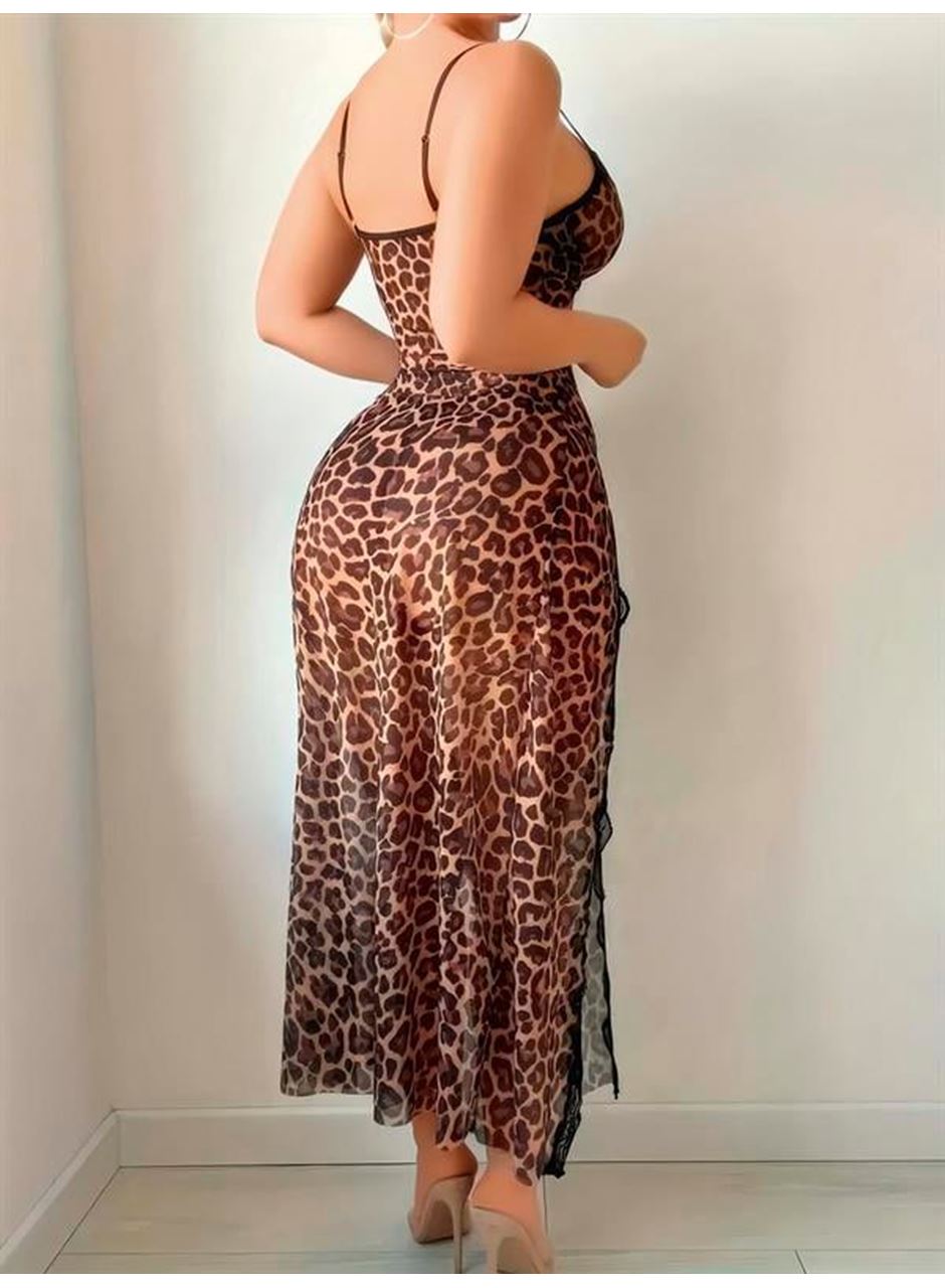 Leopar Desenli Yırtmaçlı Fantezi Uzun Gecelik