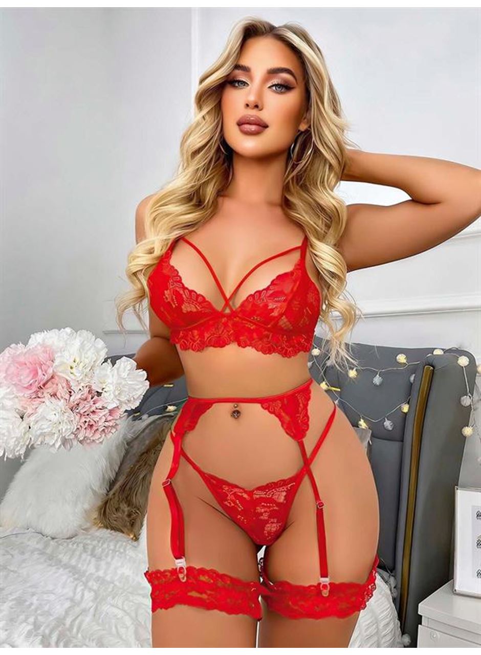 Kırmızı Göğüs İp Detaylı Dantel İşlemeli Fantezi Jartiyer Takımı
