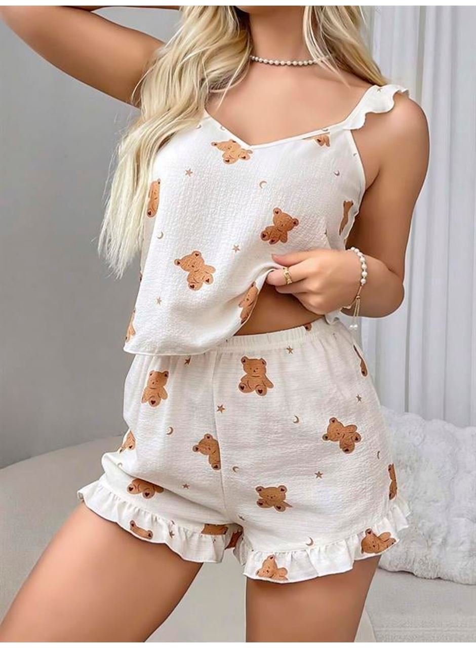Pamuklu Ayıcık Desen Fırfırlı Askılı Şortlu Pijama Takımı
