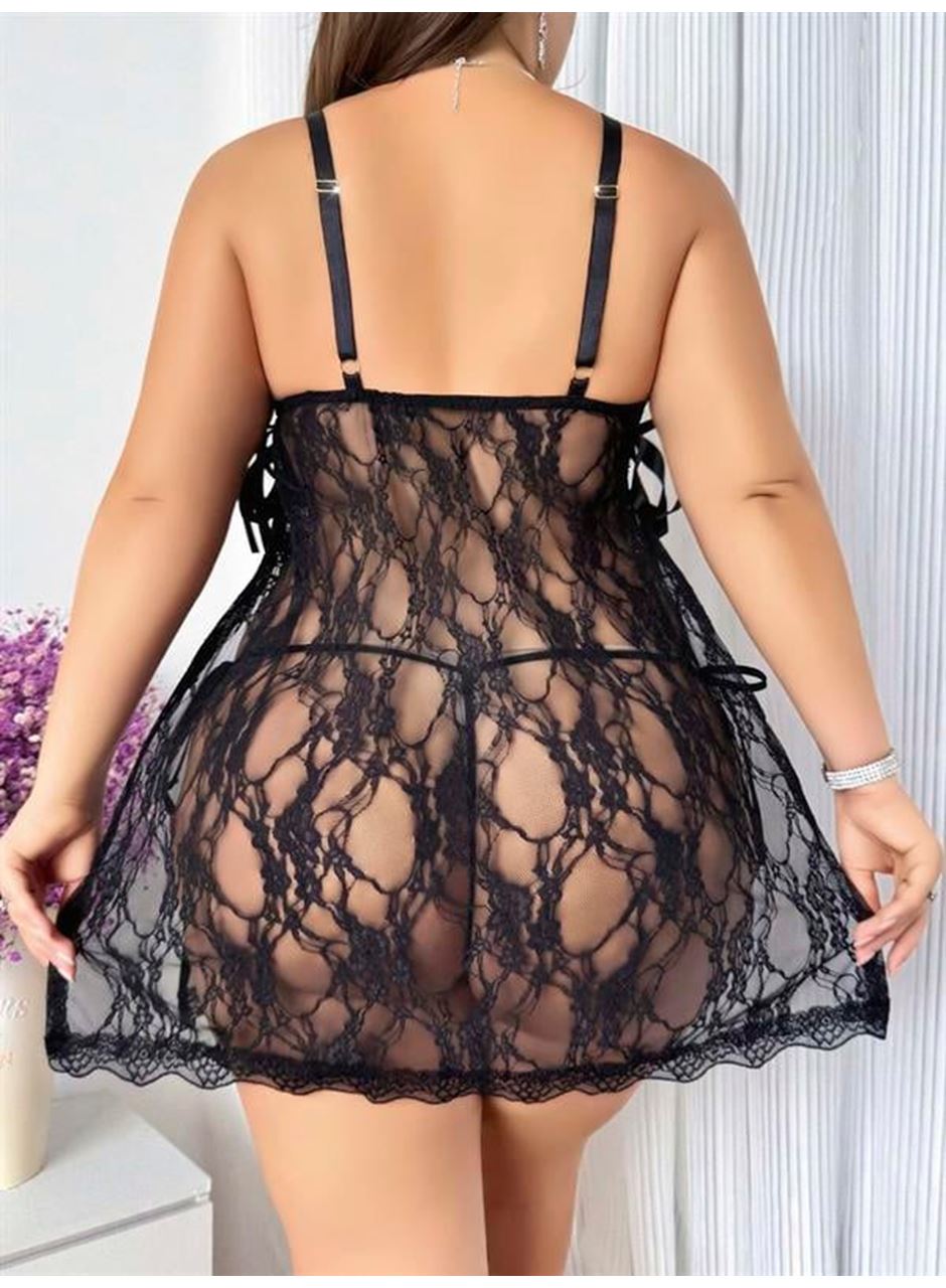 Büyük Beden Siyah Dantel İşlemeli Fantezi Tül Gecelik