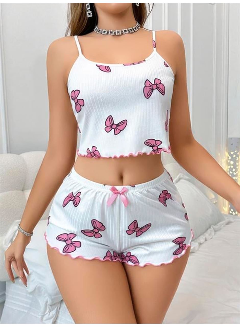 Pamuklu Beyaz Üstüne Pembe Kurdela Desenli Fitilli Askılı Şortlu Pijama Takımı