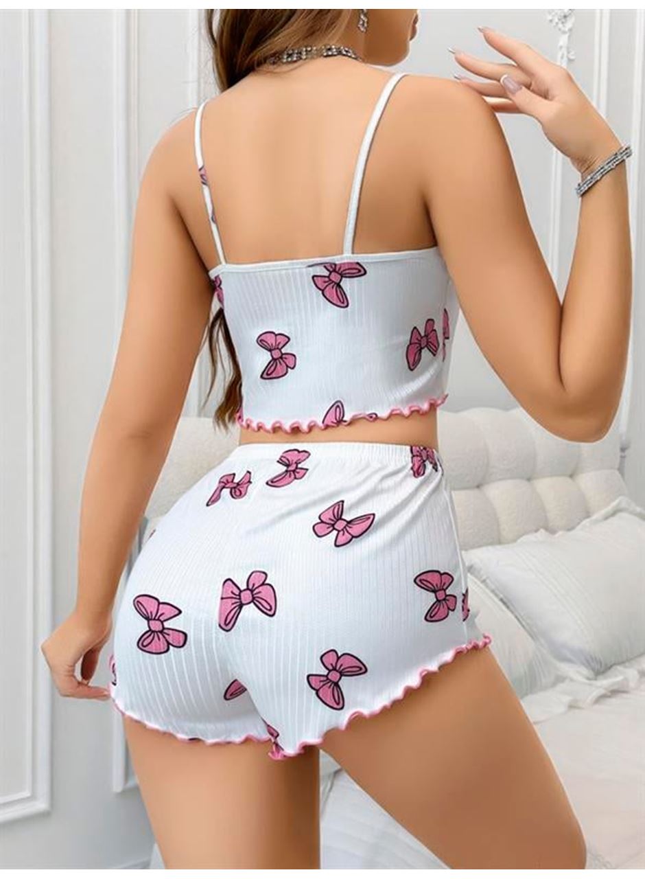 Pamuklu Beyaz Üstüne Pembe Kurdela Desenli Fitilli Askılı Şortlu Pijama Takımı