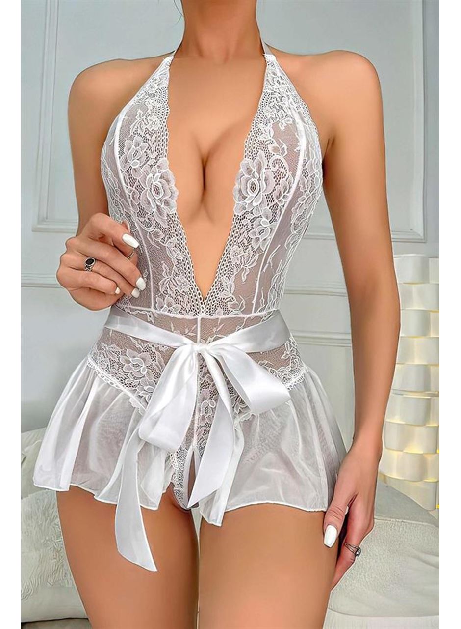 Beyaz Dantel İşlemeli Özel Bölgesi Açık Fantezi Kurdelalı Body