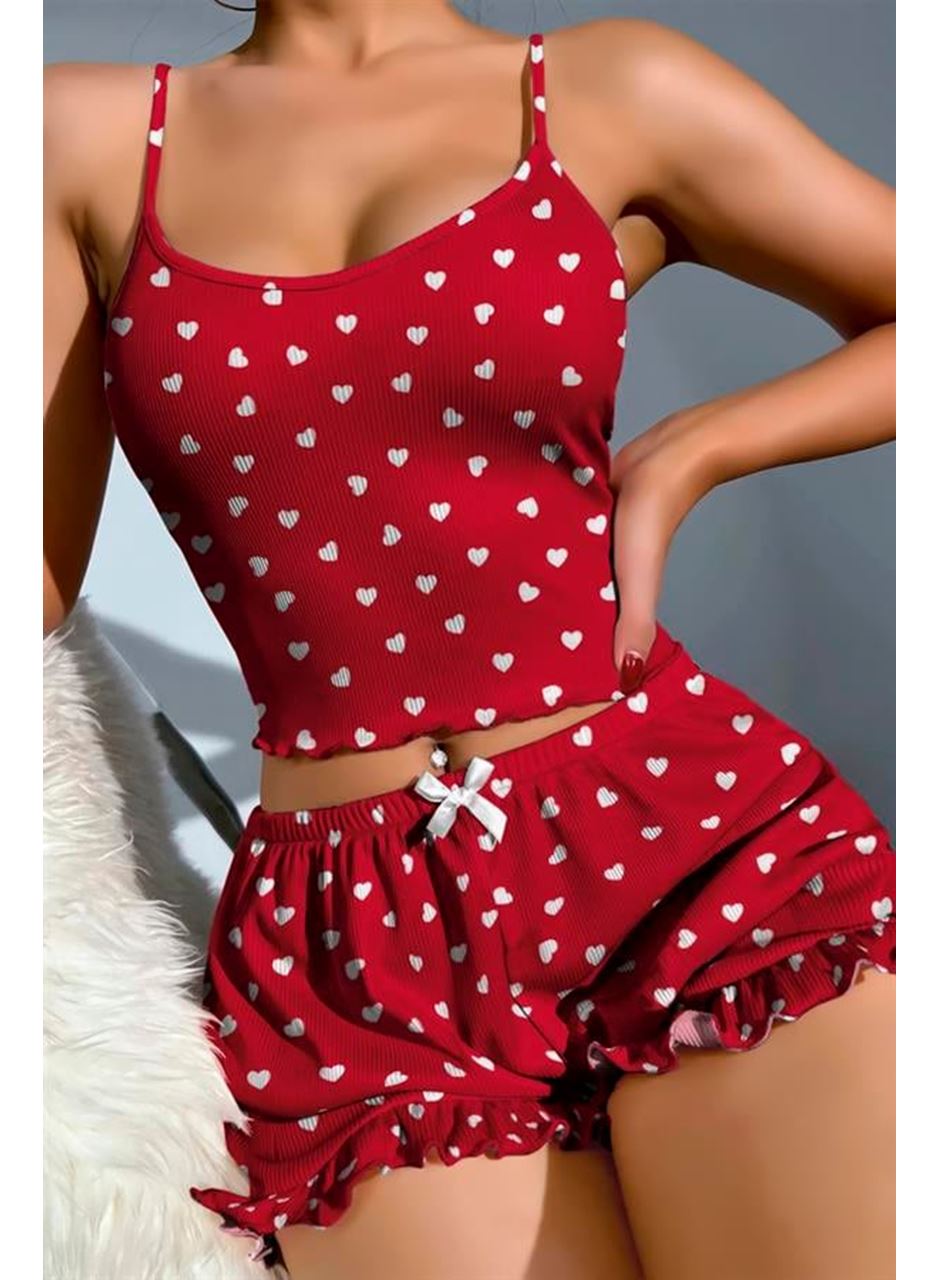 Pamuklu Kırmızı Üstüne Beyaz Kalp Desen Fitilli Askılı Şortlu Pijama Takımı