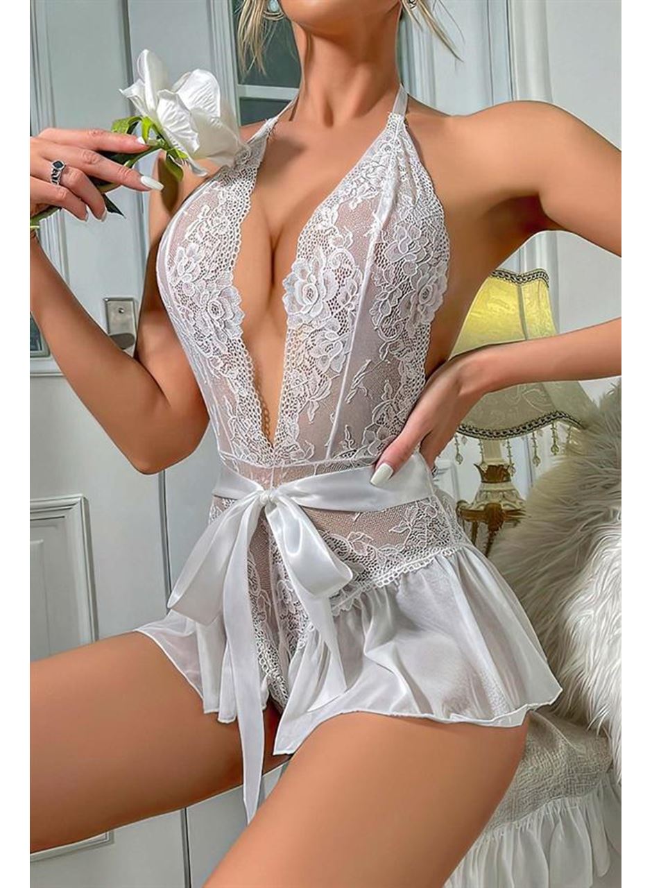 Beyaz Dantel İşlemeli Özel Bölgesi Açık Fantezi Kurdelalı Body