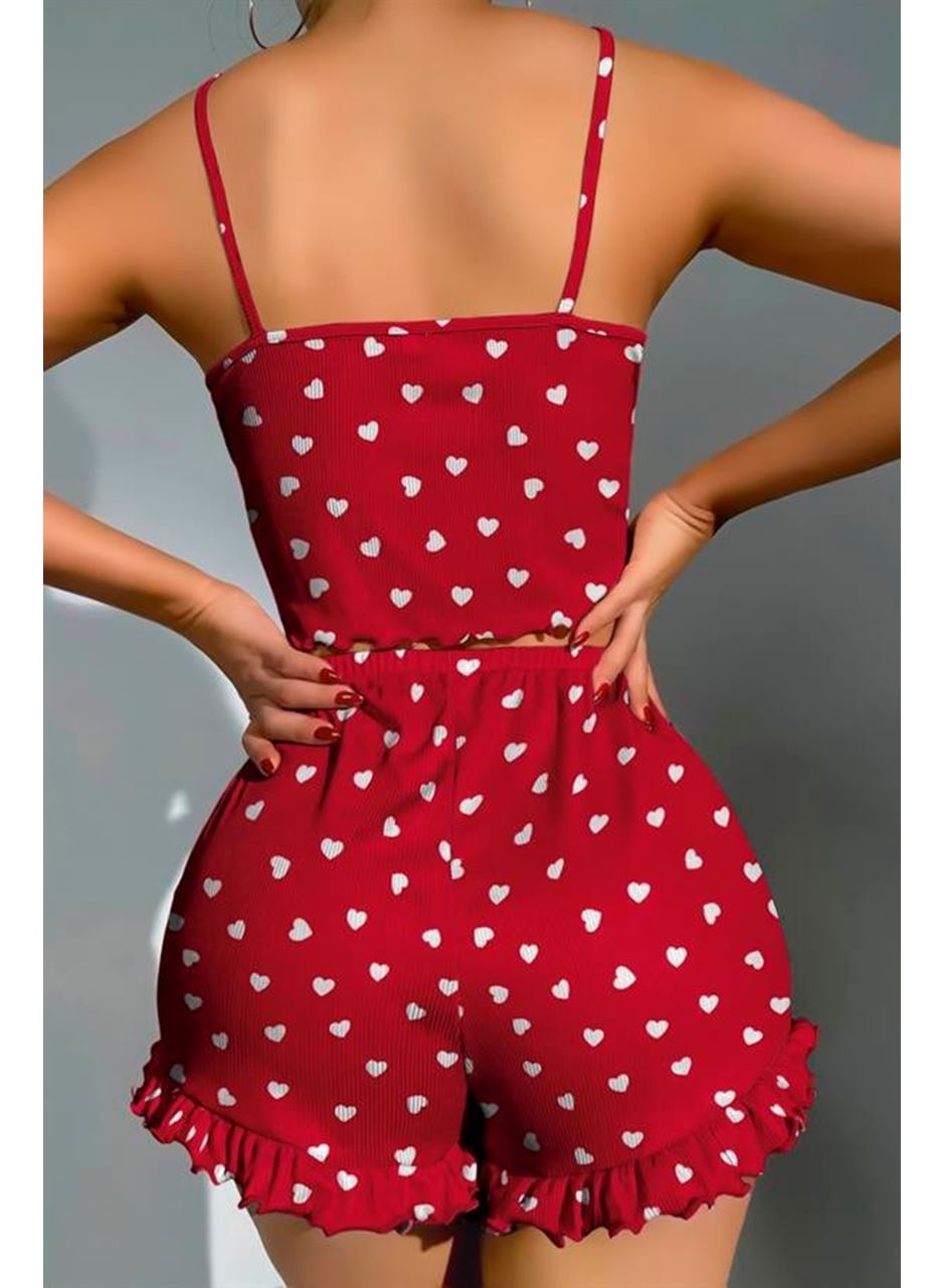 Pamuklu Kırmızı Üstüne Beyaz Kalp Desen Fitilli Askılı Şortlu Pijama Takımı