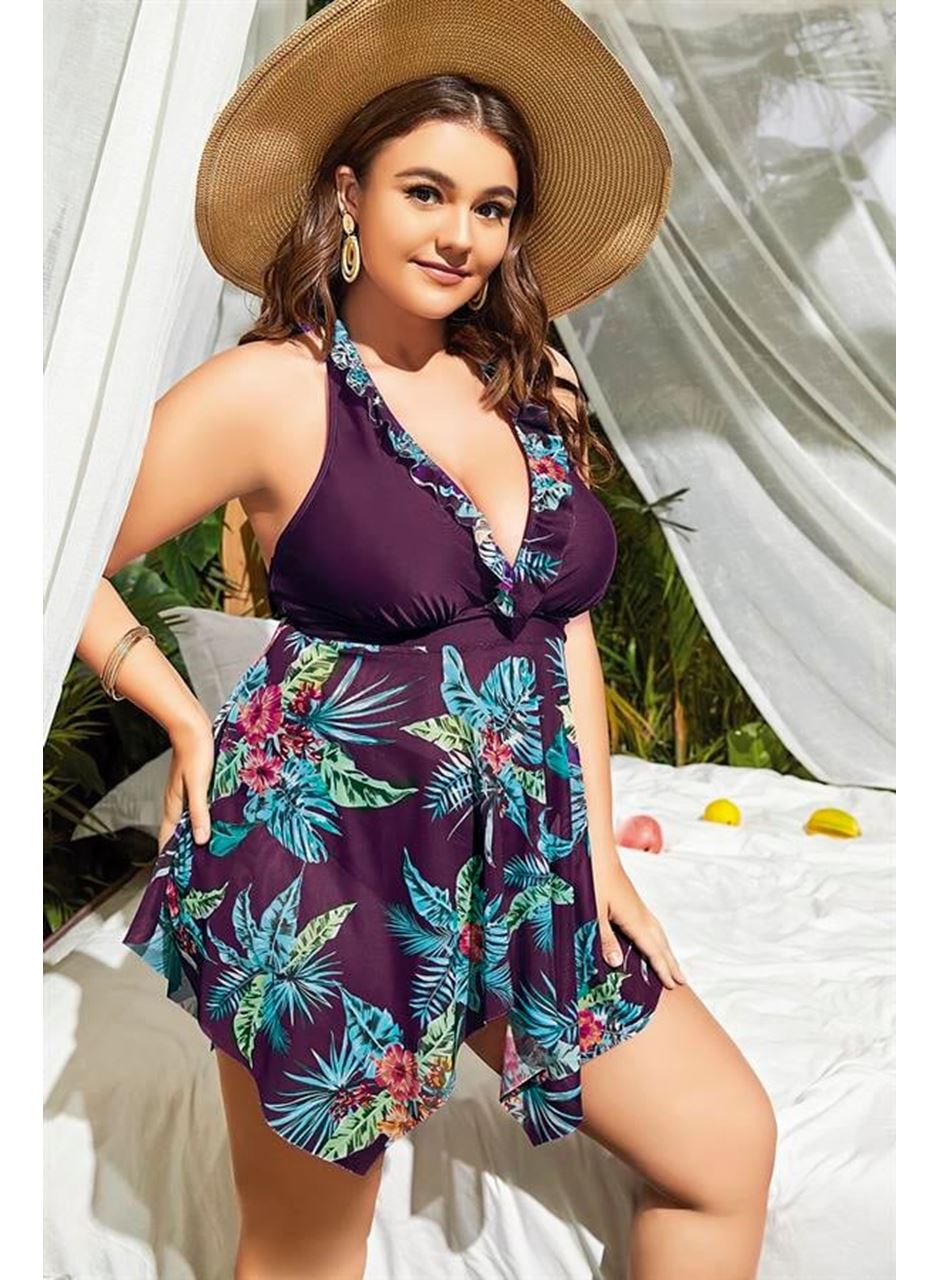 Büyük Beden Mor Üstüne Çiçek Desenli Boyundan Bağlamalı Elbise