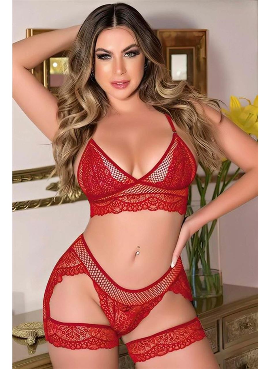 Kırmızı Dantel İşlemeli Fantezi Fileli Jartiyer Takım