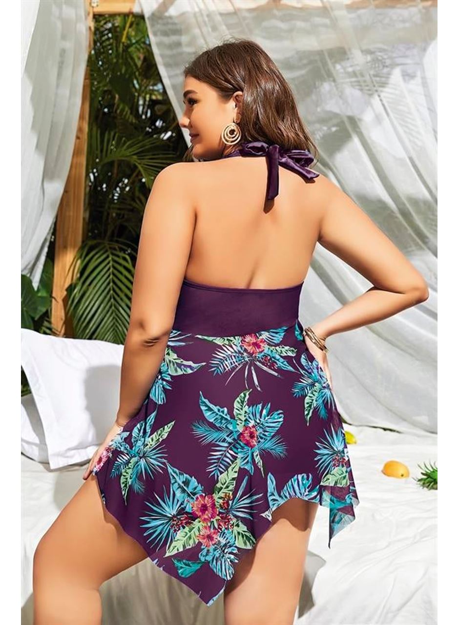 Büyük Beden Mor Üstüne Çiçek Desenli Boyundan Bağlamalı Elbise