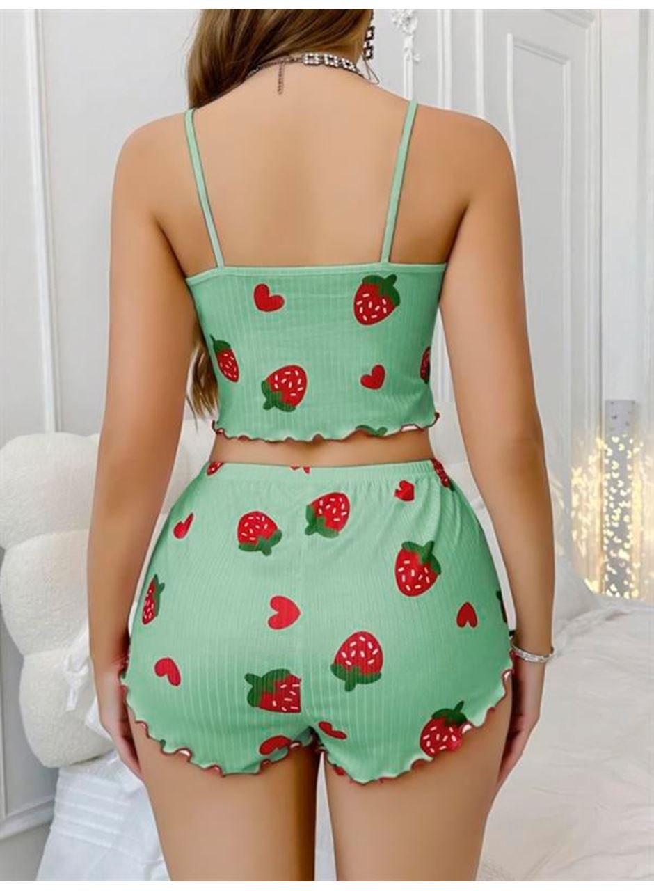 Pamuklu Yeşil Üstüne Çilek Desen Fitilli Askılı Şortlu Pijama Takımı
