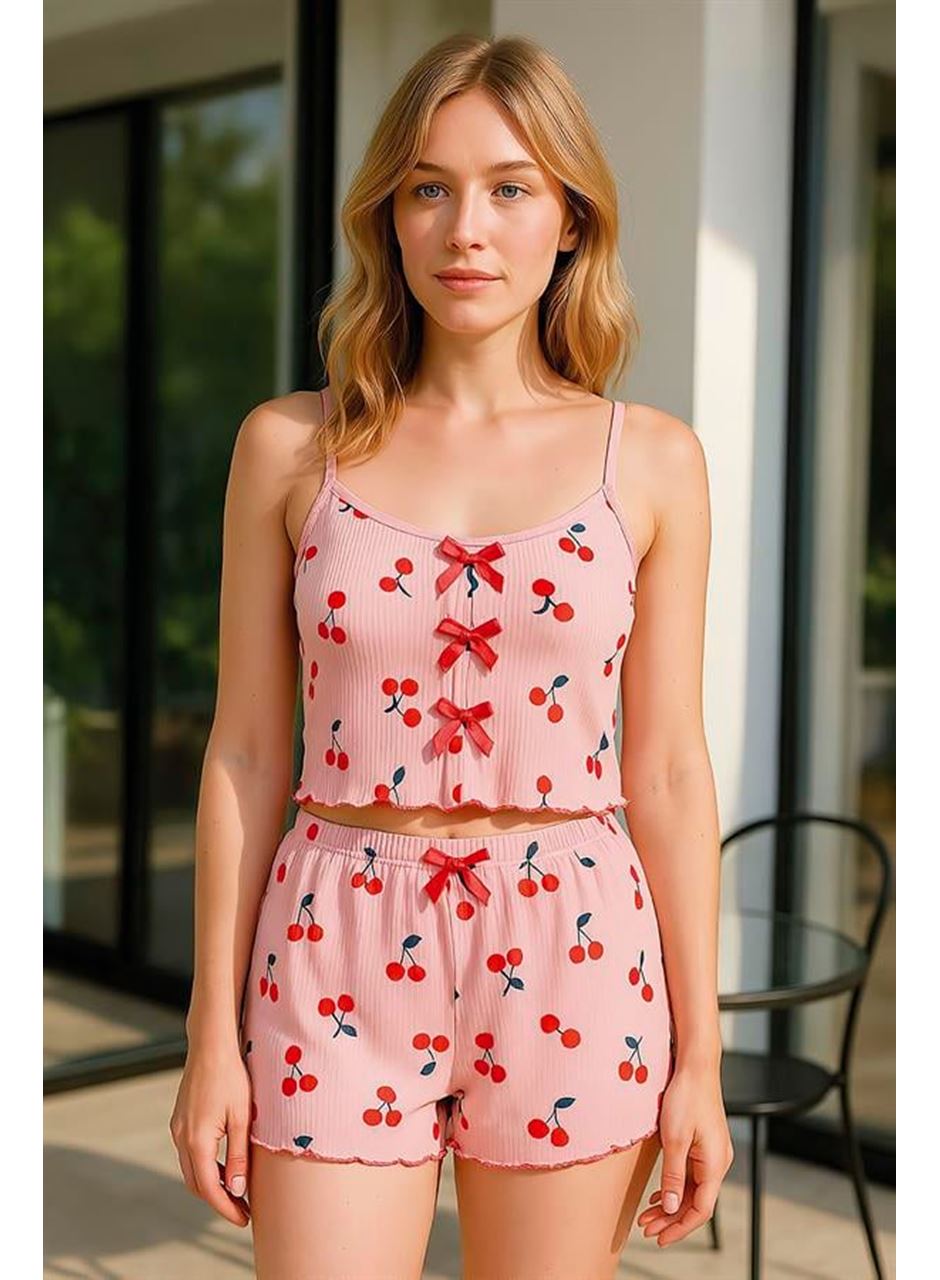 Pembe Kiraz Desenli Kurdelalı Askılı Şortlu Pijama Takımı