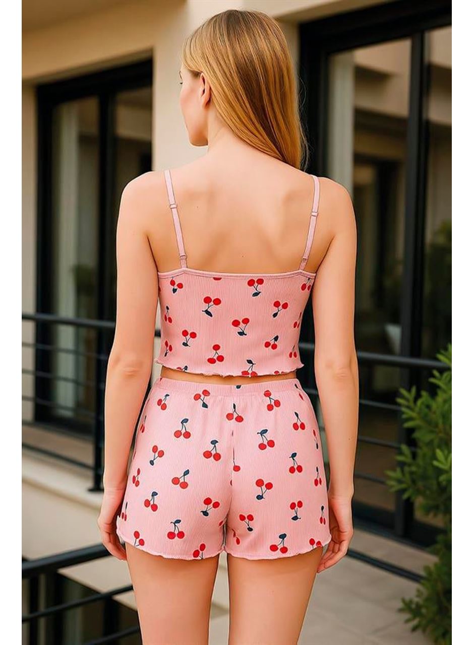 Pembe Kiraz Desenli Kurdelalı Askılı Şortlu Pijama Takımı