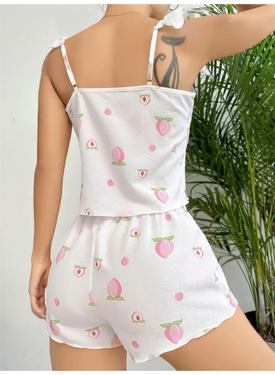 Pamuklu Beyaz Üstüne Çiçek Desen Fırfır Askılı Şortlu Pijama Takımı