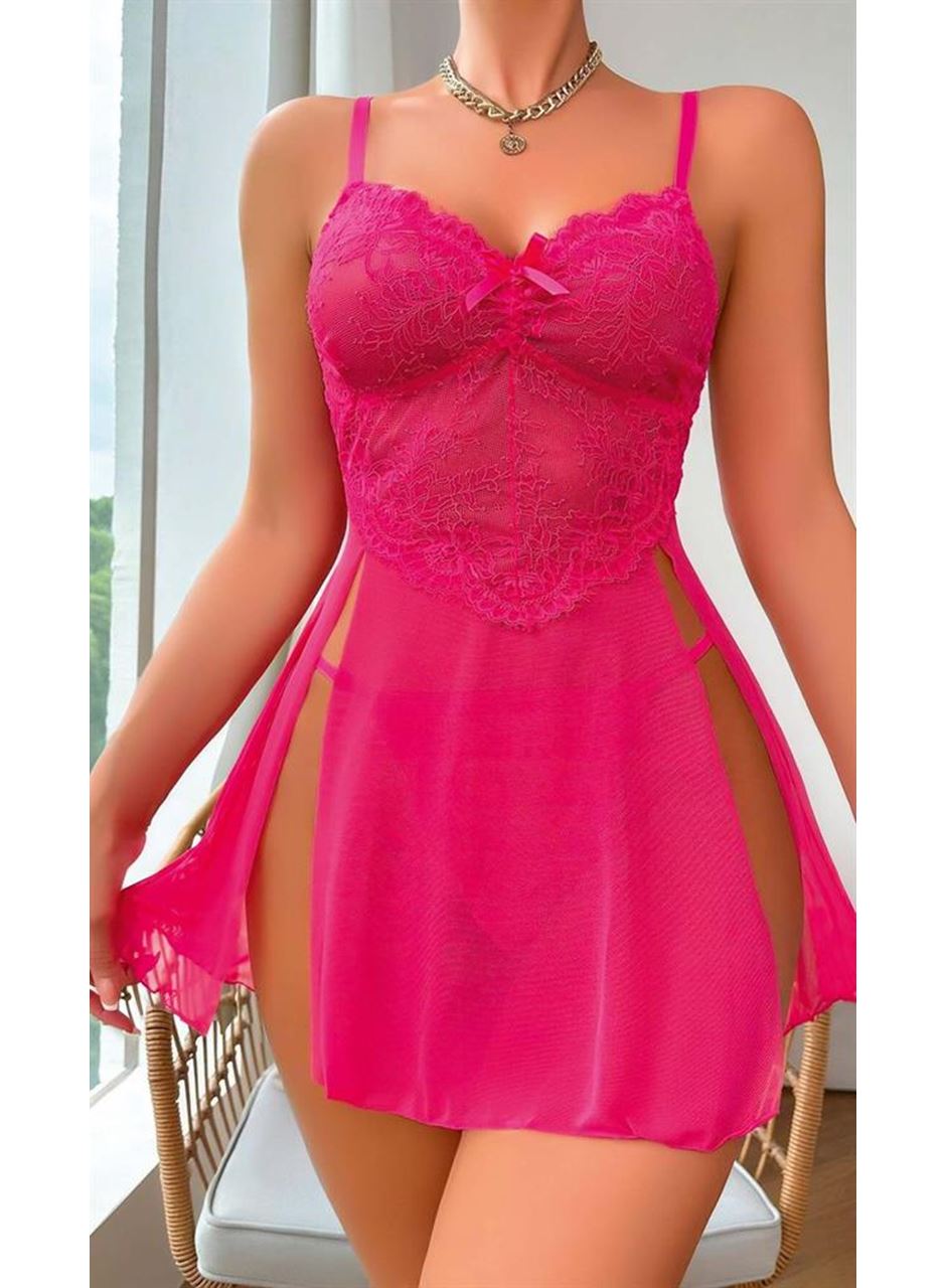 Fuşya Dantel İşlemeli Transparan Fantezi Tül Gecelik