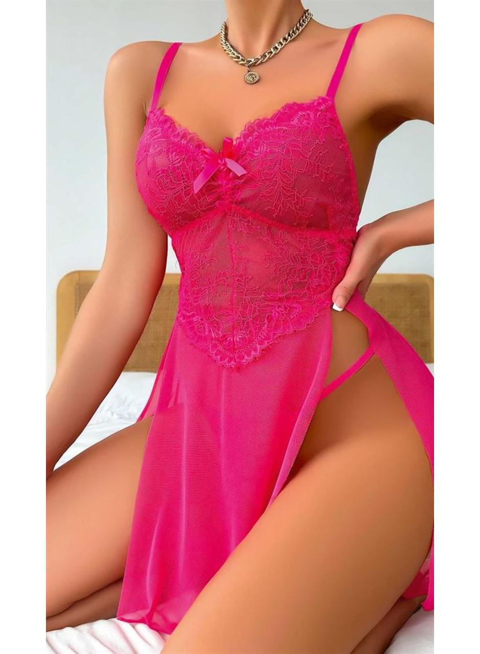 Fuşya Dantel İşlemeli Transparan Fantezi Tül Gecelik