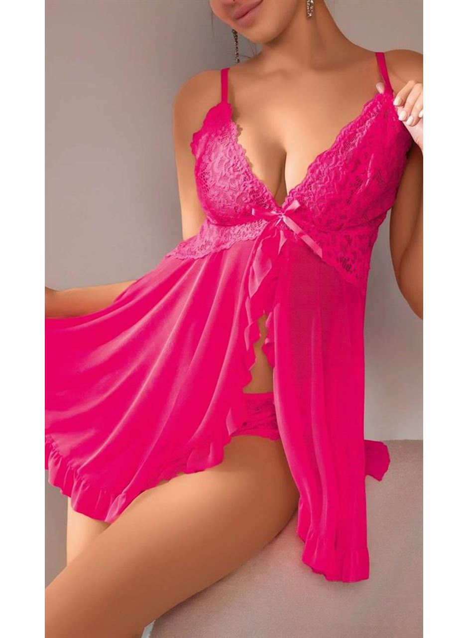 Fuşya Dantel İşlemeli Yırtmaçlı Transparan Fantezi Tül Gecelik