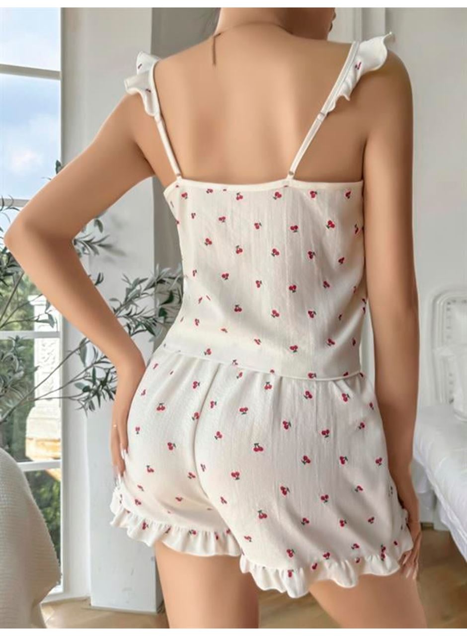 Pamuklu Beyaz Üstüne Kiraz Desen Fırfır Askılı Şortlu Pijama Takımı