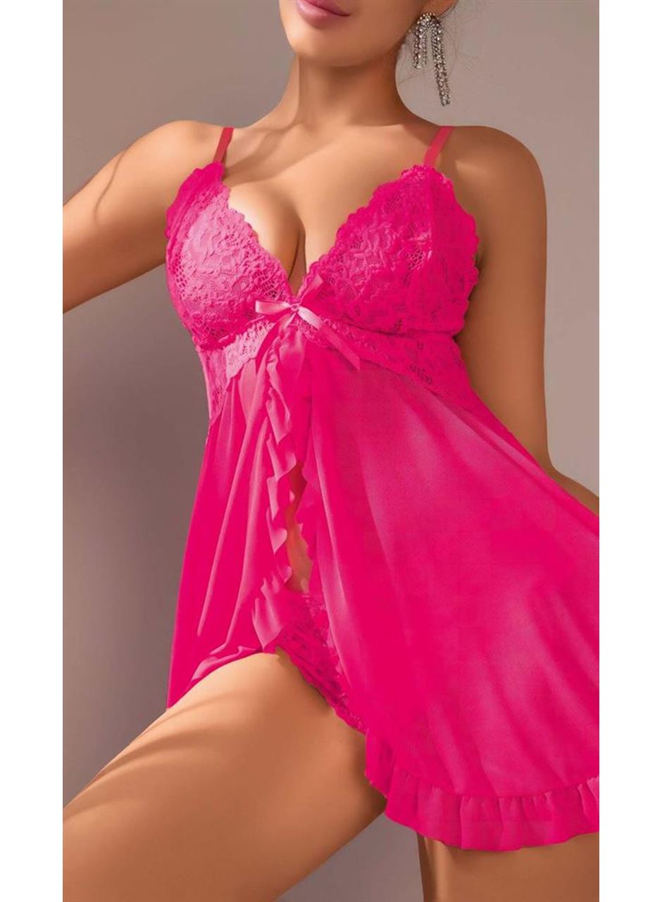 Fuşya Dantel İşlemeli Yırtmaçlı Transparan Fantezi Tül Gecelik