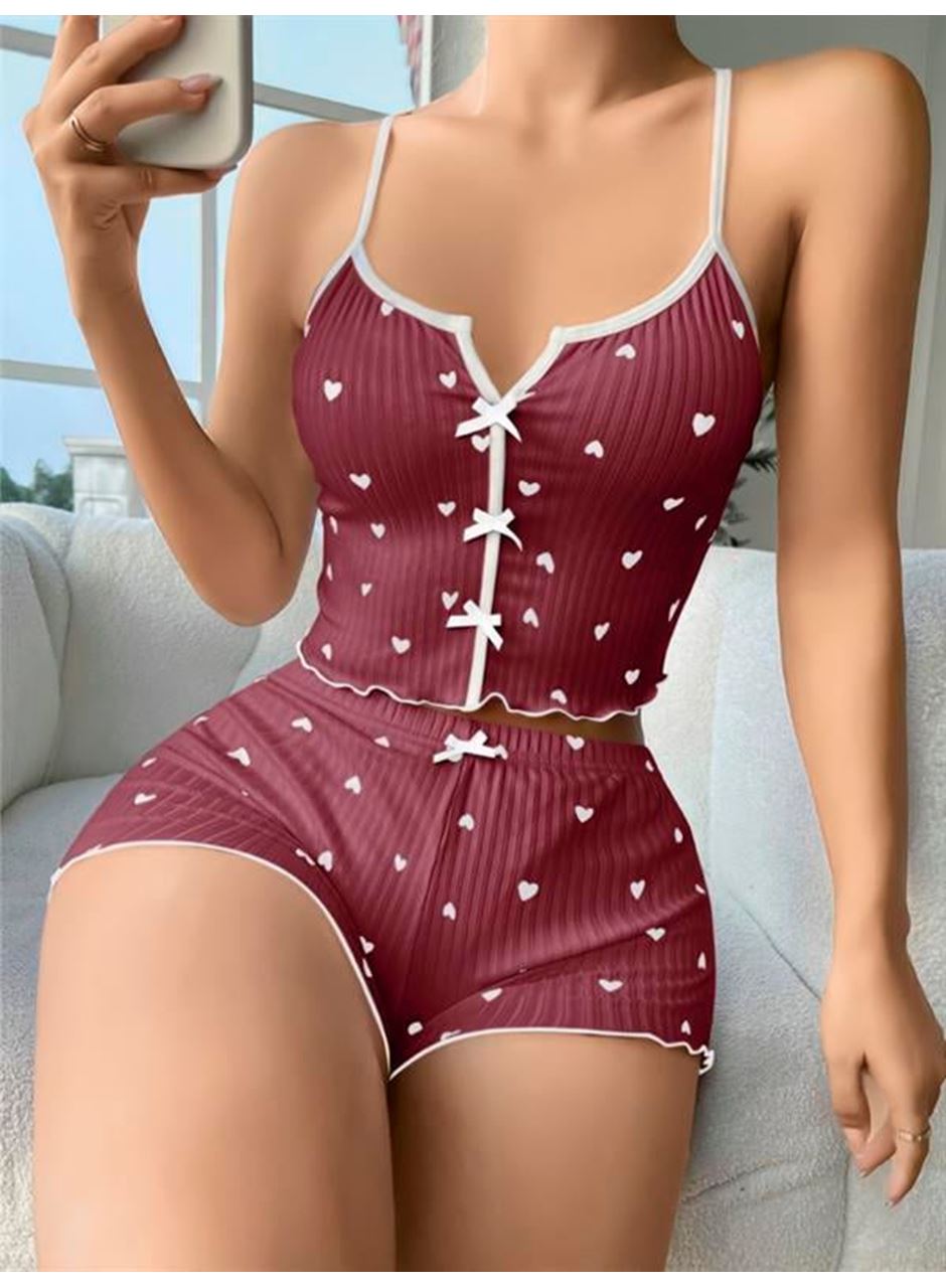 Pamuklu Kahverengi Üstüne Beyaz Kalp Desen Fitilli Askılı Şortlu Pijama Takımı