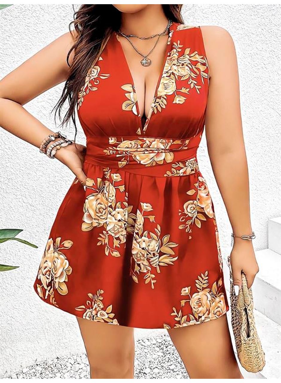 Büyük Beden Kahverengi Üstüne Çiçek Desenli Sırt Detaylı Elbise