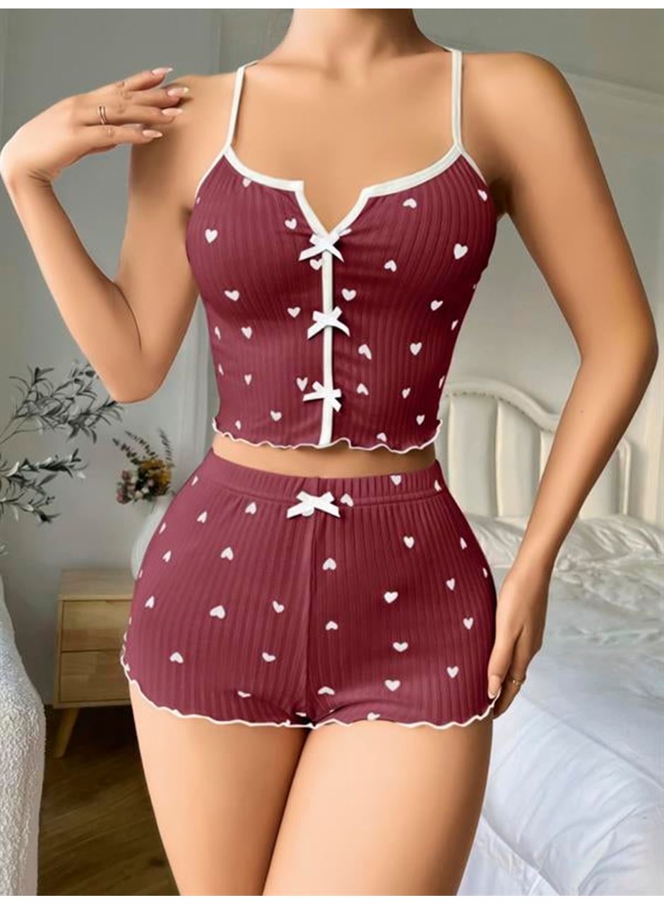 Pamuklu Kahverengi Üstüne Beyaz Kalp Desen Fitilli Askılı Şortlu Pijama Takımı