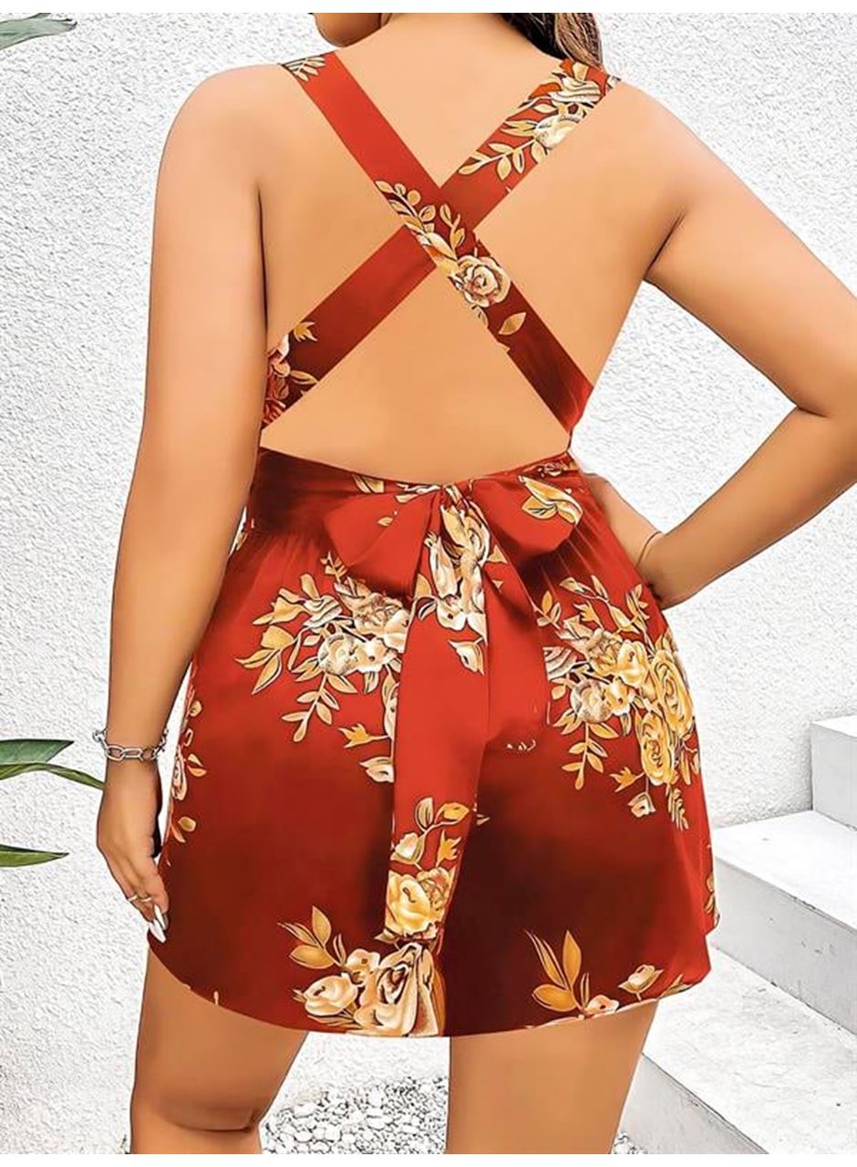 Büyük Beden Kahverengi Üstüne Çiçek Desenli Sırt Detaylı Elbise