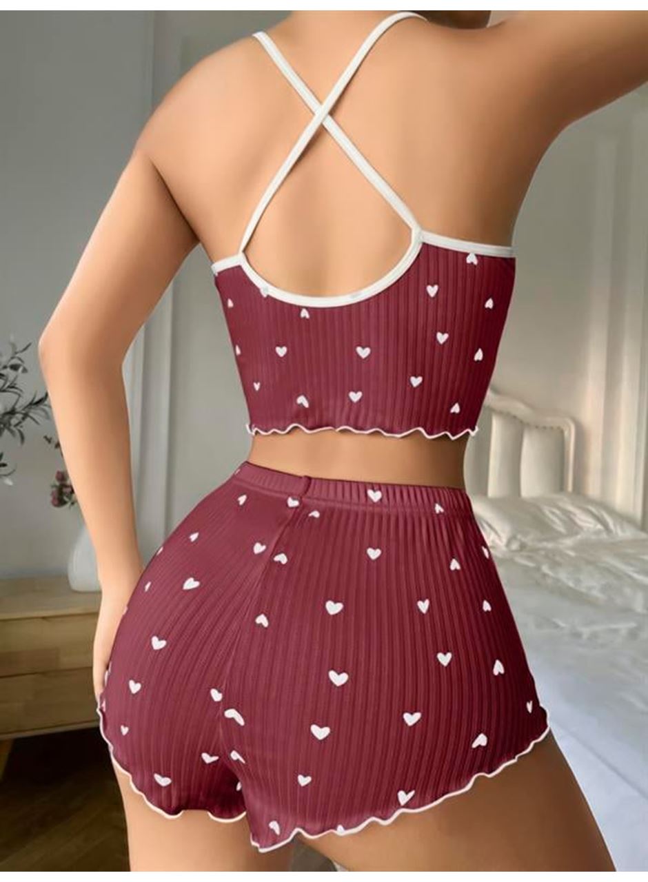 Pamuklu Kahverengi Üstüne Beyaz Kalp Desen Fitilli Askılı Şortlu Pijama Takımı