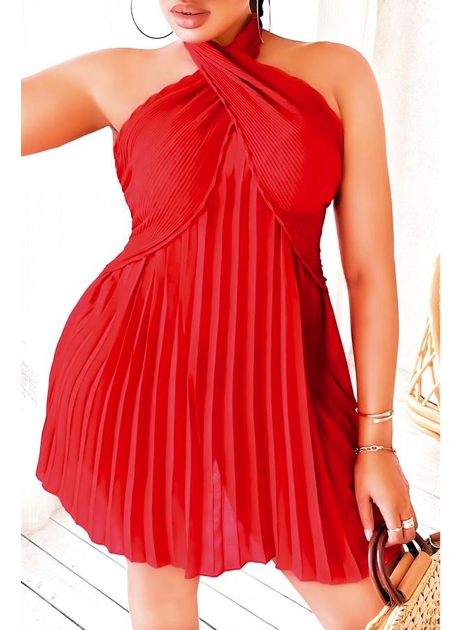 Büyük Beden Kırmızı Fırfırlı Boyundan Bağlamalı Gecelik