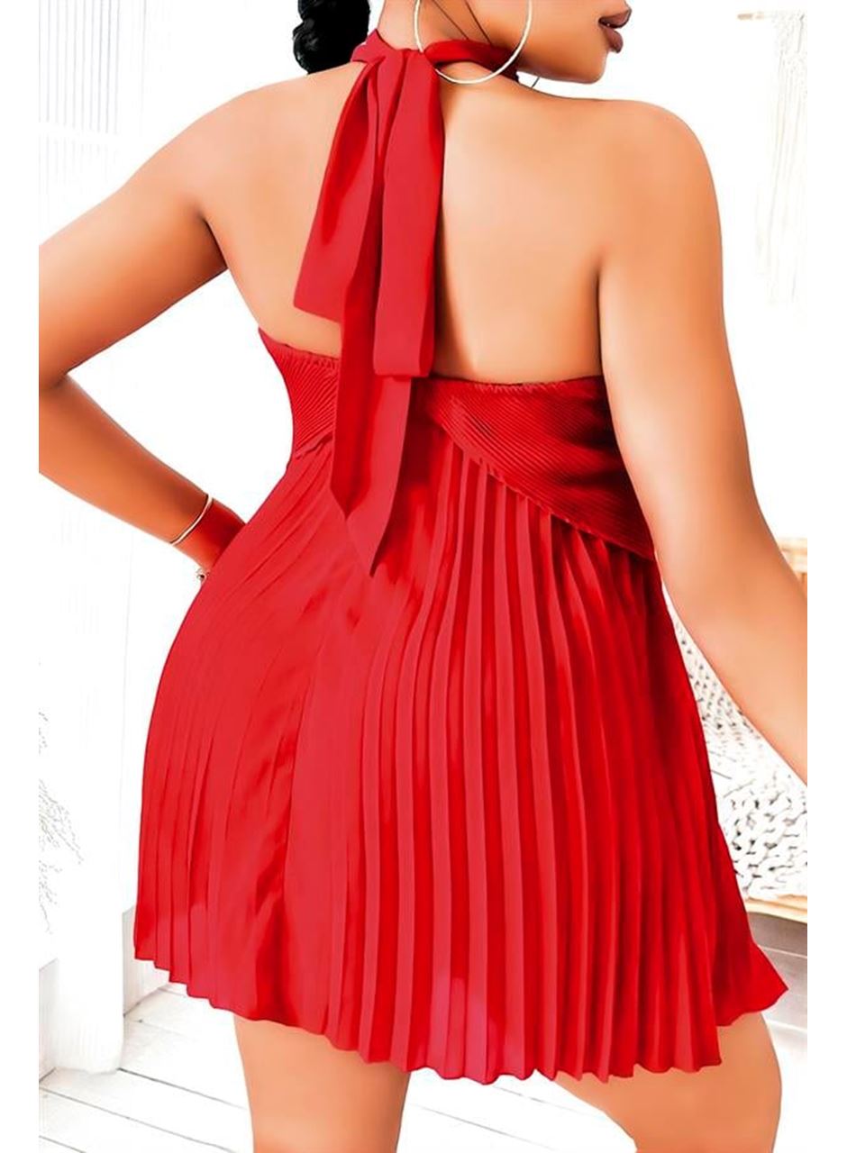 Büyük Beden Kırmızı Fırfırlı Boyundan Bağlamalı Gecelik