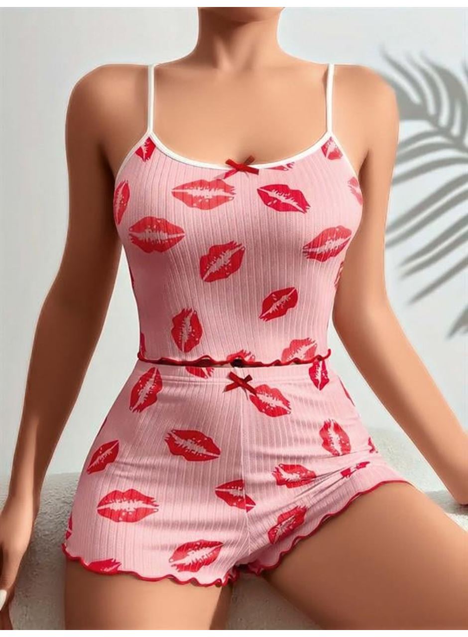 Pamuklu Kiss Öpücük Desen Pembe Şortlu Pijama Takımı